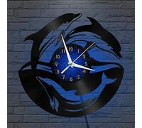 XDG Horloge Murale en Vinyle Trois Dauphins, Horloge Murale en Vinyle Noir 30,5 cm pour Salon Chambre (B avec LED)