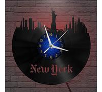XDG New York Statue de la Liberté Paysage thème 11 Disque Vinyle Horloge Murale Horloge Murale pour Cuisine Chambre Café (B, avec LED)