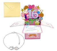 XDGBGFN Cadeau de 16e anniversaire pour filles, bracelet réglable avec carte d'anniversaire pop-up 3D brillante et enveloppe, cadeau créatif pour fille, sœur, amie