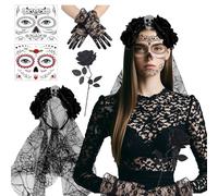 XDGBGFN Costume de carnaval pour femme - Costume de fête des morts - Serre-tête - Voile - Tatouages - Fleurs - Rose - Avec gants en dentelle - Costume d'Halloween pour fête, carnaval, cosplay,