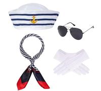 XDGBGFN Ensemble de costume de marin bleu et blanc rayé réglable bonnet de marin avec écharpe, gants blancs, lunettes de soleil, costume de marin pour femme et homme, pour fête à thème, cosplay