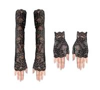 XDGBGFN Lot de 2 paires de gants sans doigts en dentelle - Longs et courts - Noir - En résille - Style rétro - Pour fête, bal de fin d'année, fête de thé - Accessoires de costume, Noir , taille unique