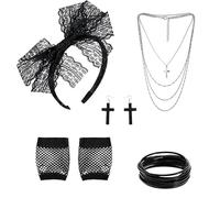XDGBGFN Lot de 5 accessoires pour femme des années 80 - Style vintage - Dentelle noire - Bandeau - Boucles d'oreilles - Filet de pêche - Gants - Collier - Bracelet pour carnaval, Noir , taille unique