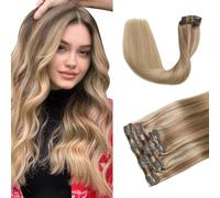XDhair Extension Cheveux Naturel Clip, 35cm 120g 6pcs Extention de Cheveux Humains Vrai Cheveux,Brun Doré avec Blond ClairExtension a Clip Cheveux Naturel #10/16/16 14pouces