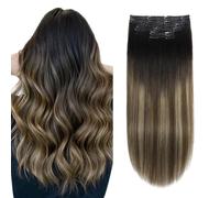 XDhair Extension Cheveux Naturel Clip Balayage Noir à Brun Moyen avec Caramel Brun 6pcs 100g 45cm Vrai Clip Remy Dans les Extensions de Cheveux Humains #1B/4/27 18pouces