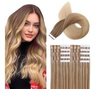 XDhair Lot de 20 extensions capillaires à bande adhésive, en cheveux humains Remy soyeux, droits, marron clair à blond doré, 50 g, 40 cm, #10/16/16-16