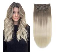 XDhair Lot de 6 extensions de cheveux humains Remy à clipser - Brun cendré ombré avec mèches blondes - 50,8 cm - 120 g - Extensions de cheveux humains Remy naturels soyeux - #8/60 - 50,8 cm