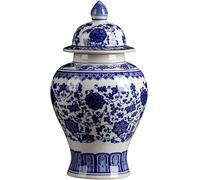 XDLEDMKIZ Vase en Porcelaine Bleue et Blanche de Style Chinois Ancien, Pot à Gingembre avec Couvercle, Pot de Temple en Forme de Casque, Vase décoratif à Motif Floral et Lotus