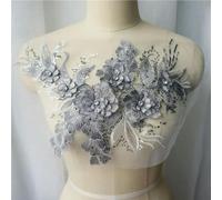 XDMING Tissu en Dentelle avec Feuilles de Fleurs 3D, Gris, Bleu, Rouge, Paillettes, Strass, Robe brodée, col en Maille, Patch Cousu pour décoration de Mariage