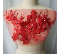 XDMING Tissu en Dentelle avec Feuilles de Fleurs 3D, Gris, Bleu, Rouge, Paillettes, Strass, Robe brodée, col en Maille, Patch Cousu pour décoration de Mariage