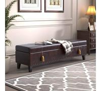 XDOPIRRS Banc de Rangement, Coffre en Similicuir Huilé Vintage avec Grand Espace de Stockage pour Bout de Lit Chambre et Entrée Couloir, Pouf Rembourré avec Pieds en Chêne(G,90cm/35.4in)