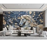 XDOUBAO Papier Peint Moderne Minimaliste Bleu Art Rock Relief Fleur Blanche Motif Cheval Tridimensionnel Peinture TV Canapé Salon Fond Mur Restaurant Chambre Salle D'étude Murale,3D,300x210cm