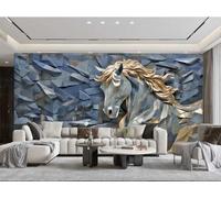 XDOUBAO Papier Peint Moderne Minimaliste Bleu Brique Pierre Art Or Relief Géométrique Cheval Motif TV Canapé Salon Fond Mur Salle À Manger Chambre Étude Salle Murale,3D,150x105cm