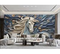 XDOUBAO Papier Peint Moderne Minimaliste Bleu Foncé Art Rock Relief Papier Découpé Motif Cheval Blanc TV Canapé Salon Fond Mur Salle À Manger Chambre Salle D'étude Murale,3D,250x175cm