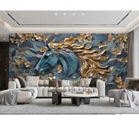 XDOUBAO Papier Peint Moderne Minimaliste Bleu Foncé Rock Art Or Fleur Relief Bleu Cheval Motif Peinture TV Canapé Salon Fond Mur Salle À Manger Chambre Étude Salle Murale,3D,300x210cm