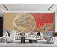 XDOUBAO Papier Peint Moderne Minimaliste Doré Art Rouge Et Jaune Lune Paysage Peinture À L'huile TV Canapé Fond Mur Papier Peint Salon Restaurant Café Mural,3D,200x140cm