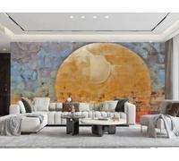 XDOUBAO Papier Peint Moderne Minimaliste Rouge Et Bleu Art Collage Doré Lune Paysage Peinture À L'huile TV Canapé Fond Mur Papier Peint Salon Restaurant Café Mural,3D,350x245cm