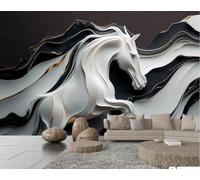 XDOUBAO Papier Peint Moderne Minimaliste Tridimensionnel Blanc Jade Cheval Art Noir Et Blanc Ligne Ondulée Peinture TV Canapé Fond Mur Papier Peint Salon Restaurant Café Mural,3D,350x245cm