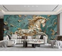 XDOUBAO Papier Peint Moderne Minimaliste Vert Clair Art Rock Relief Fleur Dorée Motif Cheval TV Canapé Salon Fond Mur Restaurant Chambre Salle D'étude Murale,3D,250x175cm