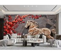 XDOUBAO Papier Peint Moderne Simple En Trois Dimensions Gris Et Rouge Rose Art Relief Motif Cheval Marron TV Canapé Salon Fond Mur Restaurant Chambre Salle D'étude Murale,3D,400x280cm