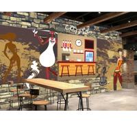 XDOUBAO Papier Peint Mural En Pierre De Mode, Affiche De Dessin Animé Peinte À La Main, Thème Du Café, Thé De L'après-midi, Fond De Restaurant Occidental, Papier Peint Mural De Café,3D,200x140cm