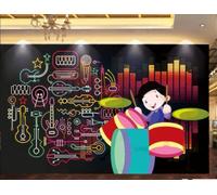 XDOUBAO Papier Peint Noir Mode Peint À La Main, Instrument De Musique, Tambour De Dessin Animé, Thé De L'après-midi, Fond De Restaurant Occidental, Papier Peint Mural De Café,3D,200x140cm