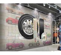 XDOUBAO Papier Peint Nostalgique Mur De Briques Pneu Peint À La Main Réparation De Voiture Thème Bar Après-midi Thé Restaurant Occidental Fond Mur Papier Peint Café Mural,3D,400x280cm