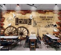 XDOUBAO Papier Peint Rétro Brique Mur Roue Décoration Lettres D'amour Café Boisson Thème Après-midi Thé Restaurant Occidental Fond Mur Papier Peint Café Mural,3D,400x280cm