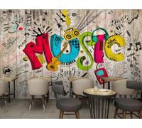 XDOUBAO Papier Peint Rétro Nostalgique Peint À La Main Dessin Animé Graffiti Musique Bar Après-midi Thé Café Fond Mural Restaurant Occidental Papier Peint,3D,150x105cm