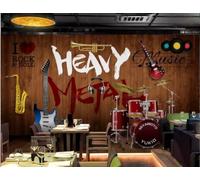 XDOUBAO Papier Peint Rétro Nostalgique Planche De Bois Musique Rock Guitare Bar Discothèque Après-midi Thé Café Fond Mural Restaurant Occidental Papier Peint,3D,250x175cm