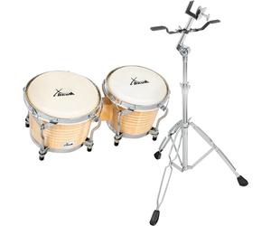 XDrum Bongos Pro Natur - 2 tambours de 6,5" (17 cm) et 7,5" (20 cm) de diamètre - Bongos avec peaux naturelles accordables accord et support - Tambours en bois couleur naturelle