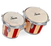 XDrum Bongos Retro - 2 tambours de 16,5 cm (6,5") et 19 cm (7,5") de diamètre - Bongos avec peaux naturelles accordables et clé d’accordage - Tambours en bois couleur naturelle avec bandes rouges