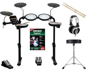 XDrum DD-250 E-Drum kit avec peaux mesh : 4 pads batterie, 3 cymbales, contrôleurs Kick & Snare, rack, baguettes, tabouret, casque et méthode inclus.