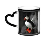 XDVPALNE Macareux moine oiseau bec assis roche, Tasse en céramique tasse à changement de couleur sensible à la chaleur dans les tasses à café de ciel 330 ml
