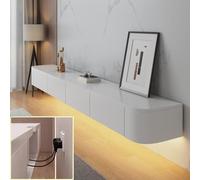 XDXINY Console multimédia TV flottante - Meuble TV mural - Grand banc de rangement sous TV - Meuble bas avec tiroirs et support de routeur (Blanc + LED, 240 x 20 x 24 cm)