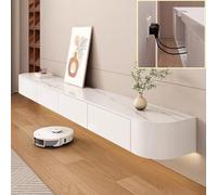 XDXINY Console multimédia TV flottante - Meuble TV mural - Grand banc de rangement sous TV - Meuble bas avec tiroirs et support de routeur (pierre blanche, 220 x 20 x 24 cm)