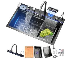 XDXINY Ensemble d'évier de cuisine en acier inoxydable 304 Nano cascade maison bassin à légumes simple nid d'abeille gaufré avec deux cascades (75 x 45 x 22 cm)