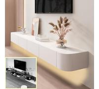 XDXINY Support TV flottant, Étagère TV murale en bois massif avec porte, Console multimédia TV, Meuble TV mural avec grand espace de rangement, Meuble TV pour sous le téléviseur (Blanc+LED, 220 * 30