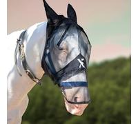 XE Masque Anti-Mouches pour Chevaux avec Oreilles - Masque Complet en Maille Respirante pour Le Visage et Le Nez pour Protection UV et Mouche Equine (Full Black Mask, Pony (S))