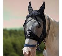 XE Masque Anti-Mouches pour Chevaux avec Oreilles - Masque Complet en Maille Respirante pour Le Visage et Le Nez pour Protection UV et Mouche Equine (Half Black Mask, Extra Full (XL))