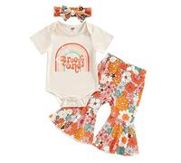 Xeadoffubio Bébé Fille 1er Anniversaire Tenues Lettre Arc-en-ciel Imprimé Nœud Papillon Manches Rompers Pantalon Évasé Bandeau 3 Pièces Vêtements d'été, Abricot., 6-12 mois