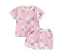 Xeadoffubio Bébé Fille Été Fleurs Short Set 2 Pièces Tenues D'été Manches Courtes Impression Florale T-shirt Tops+short Élastique Set Bébé Fille Casual Fleurs Ensemble Bébé Doux (Viola-A, 2-3 Ans)