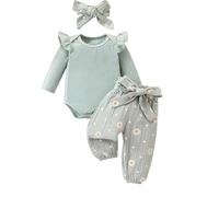 Xeadoffubio Bébé Fille Fleurs Pantalon Set Daisy Ensemble De Vêtements Bébé Manches Longues Ruffles Body Barboteuse+Pantalon Marguerite+Bandeau Bébé Fille Printemps Automne Tenue (Vert-C, 0-3 Mois)