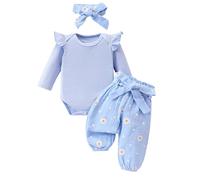 Xeadoffubio Bébé Fille Fleurs Pantalon Set Daisy Ensemble De Vêtements Bébé Manches Longues Ruffles Body Barboteuse+Pantalon Marguerite+Bandeau Bébé Fille Printemps Automne Tenue (Bleu-B, 0-3 Mois)
