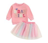 Xeadoffubio Bébé Fille Outfit D'anniversaire Manches Longues Lettres Brodées Sweat+tutu Arc-en-ciel Jupe Tulle 2 Pièces Anniversaire Princesse Jupe Set Bébé Tenue De Shooting Photo (Rose-E, 3-4 Ans)