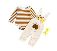 Xeadoffubio Bébé fille tenue de printemps Cute bébé costume girafe ensemble 3 pièces bretelles pantalon Set manches longues rayures body+girafe broderie bretelles jumpsuit+chapeau (Caffe, 0-3 Mois)