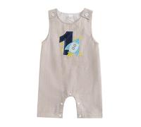 Xeadoffubio Bébé garçon fille1er anniversaire Combinaison rayée Tenue de shooting photo Sans manches Col rond Âge Broderie Bodysuits Décontracté Rayures Lin Barboteuse d'été (Khaki, 12-18 Mois)