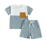 Xeadoffubio Nouveau-né Bébé Garçon Vêtements d'été Mama's Boy T-shirt Bloc de Couleur Bloc Jogger Shorts 2 Pièces Ensemble Bébé Garçon Mama's Boy Couleur Bloc Tenue d'été, Short bleu 2, 12-18 mois