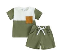Xeadoffubio Nouveau-né Bébé Garçon Vêtements d'été Mama's Boy T-shirt Bloc de Couleur Bloc Jogger Shorts 2 Pièces Ensemble Bébé Garçon Mama's Boy Couleur Bloc Tenue d'été, Short vert 2, 18-24 mois
