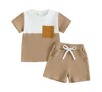 Xeadoffubio Nouveau-né Bébé Garçon Vêtements d'été Mama's Boy T-shirt Bloc de Couleur Bloc Jogger Shorts 2 Pièces Ensemble Bébé Garçon Mama's Boy Couleur Bloc Tenue d'été, Short kaki, 12-18 mois